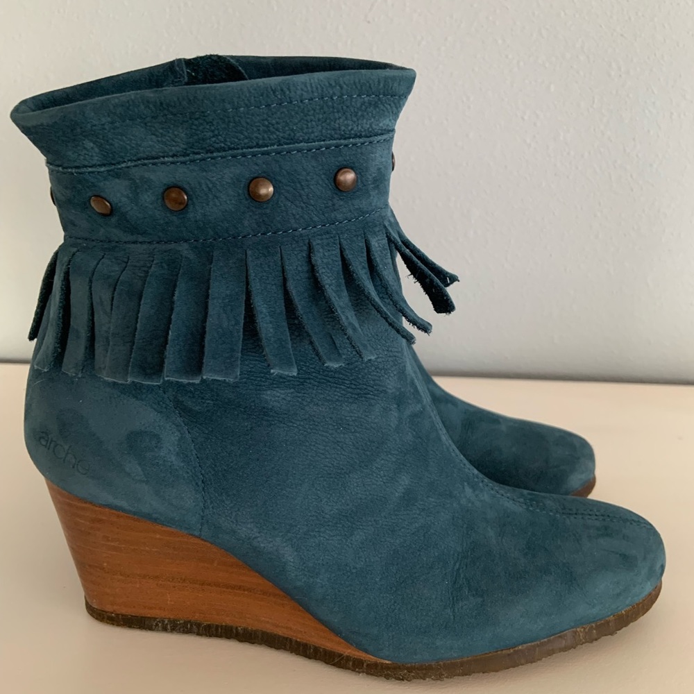 Arche • Tikhal Teal Fringe Leather Wedge Ankle Boots Size 37 / 6.5